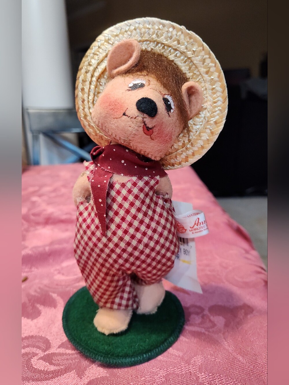 Annalee 8" Country Boy Bear with Straw Hat Doll, Plaid Overalls, New With Tags